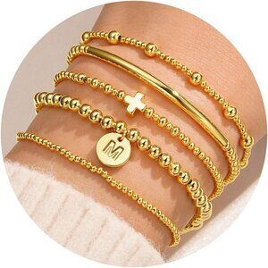 Gold Bead Cross Bracelets Set for Women Girls Dainty Layered Jewelry Gift